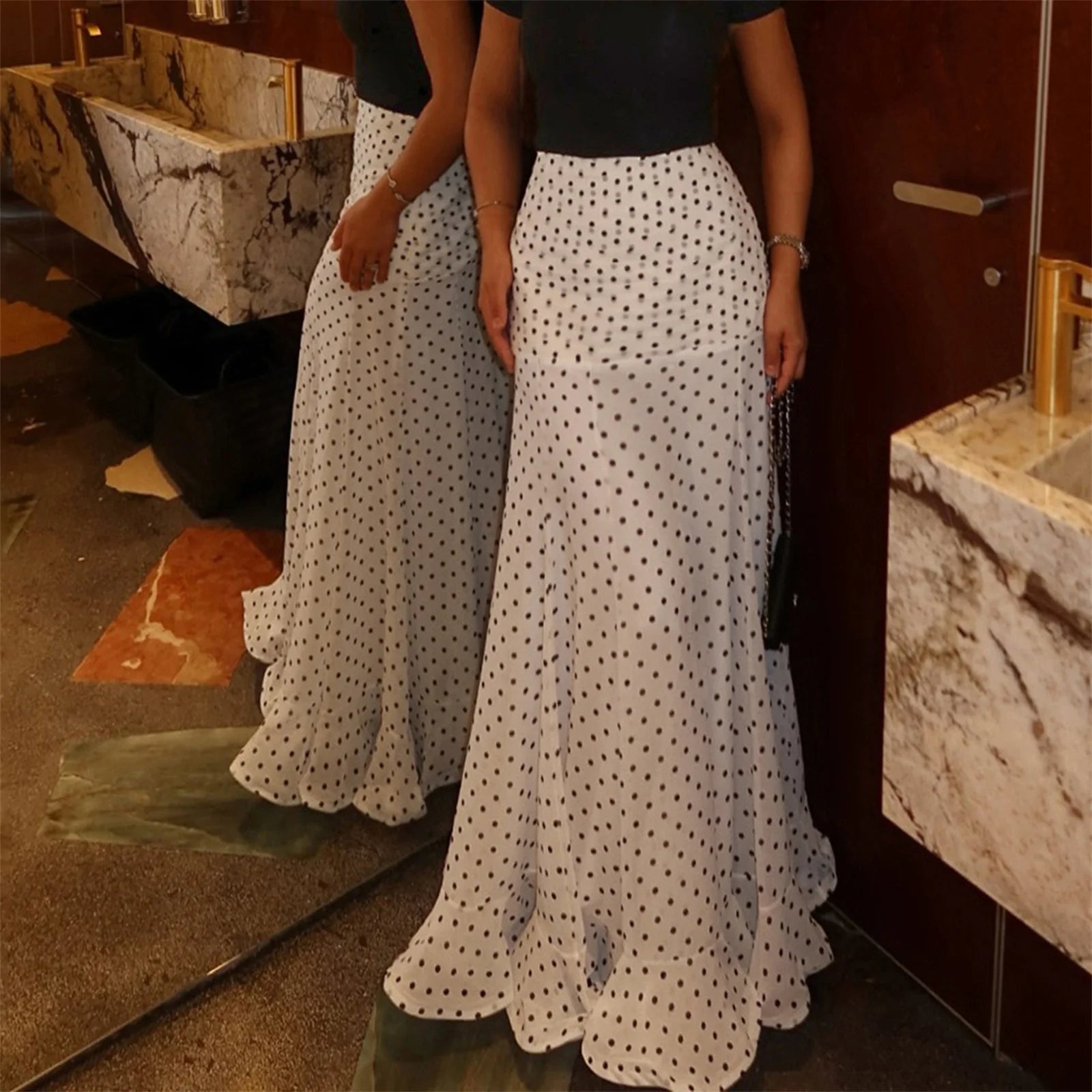 hirigin Polka Dot Floor-length Chiffon Skirt French Style Ruffled Mesh A-line Skirts Elegant Maxi Bottoms High Waist Streetwear