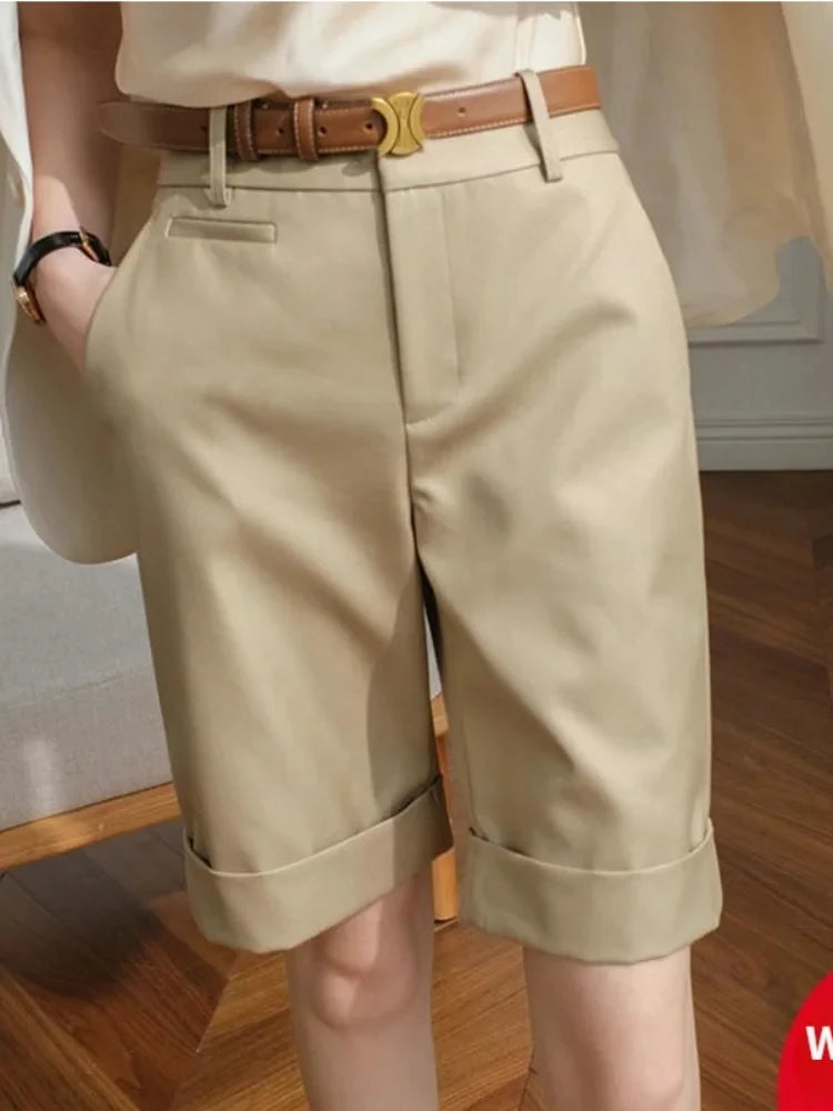 Women's High Waist Knee Length Straight Pants Korean Summer Shorts for Women Fashion White Office Shorts for Women