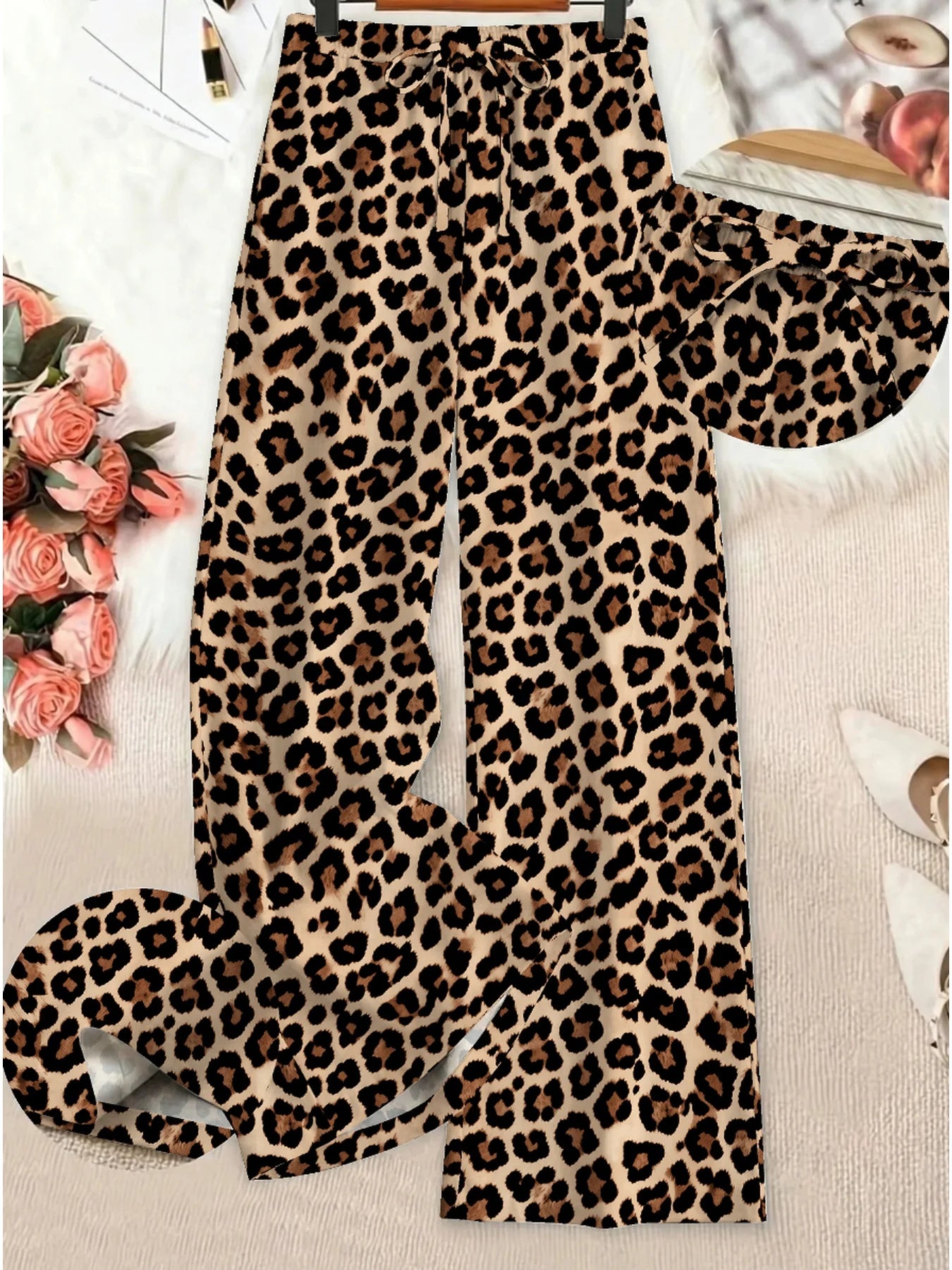 Summer women's casual and elegant leopard print elastic waistband tied loose wide leg pants