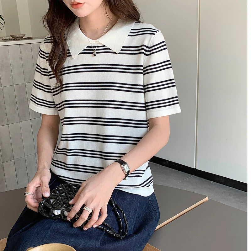Summer women's100% cotton casual striped knitted T-shirt short sleeved loose POLO collar pullover Korean version fashionable top