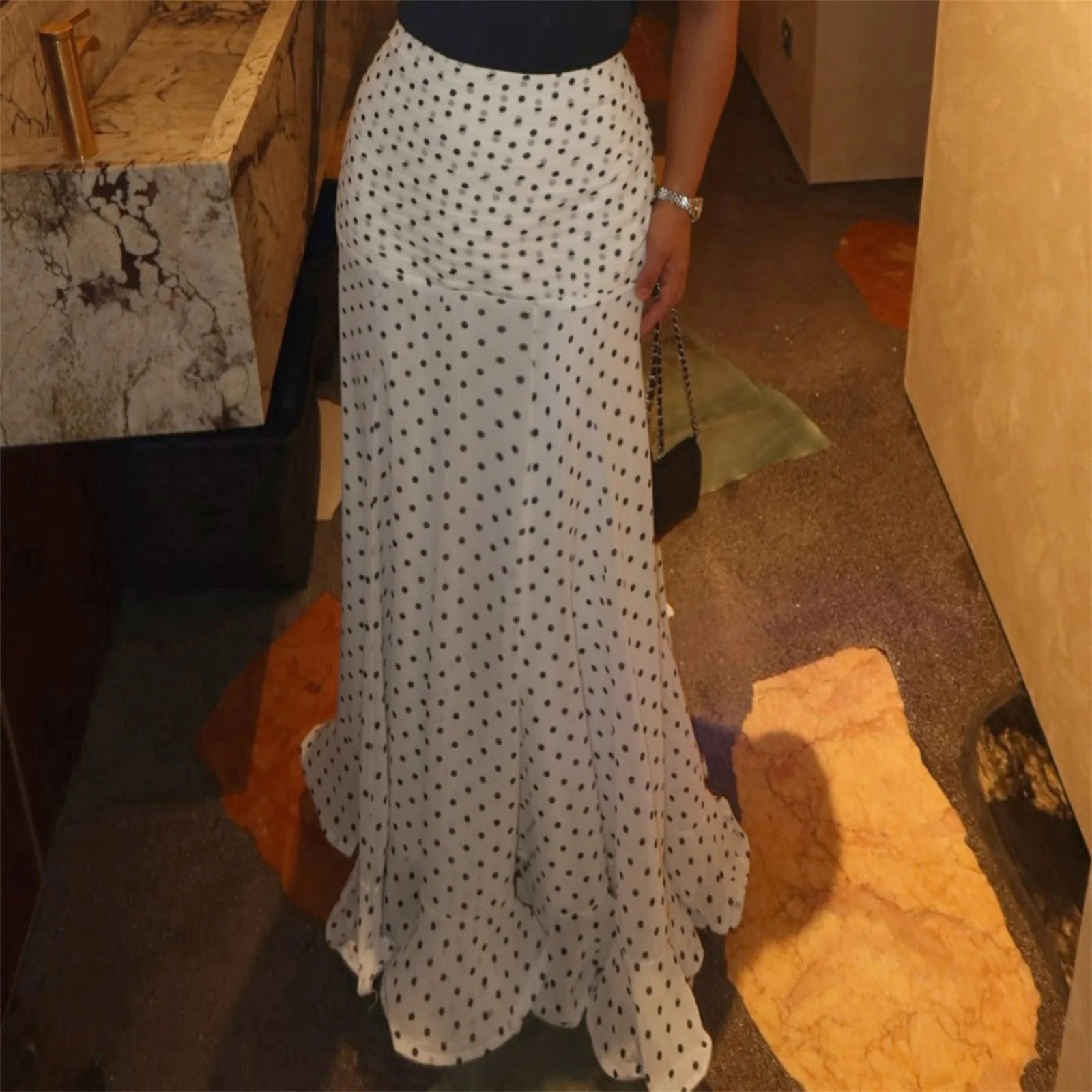 hirigin Polka Dot Floor-length Chiffon Skirt French Style Ruffled Mesh A-line Skirts Elegant Maxi Bottoms High Waist Streetwear