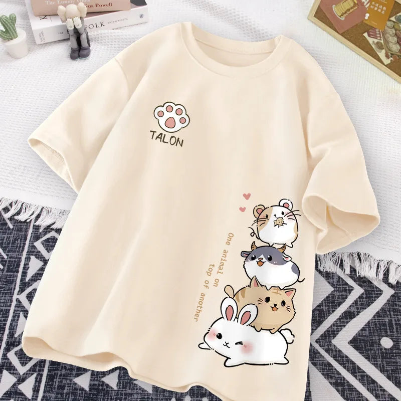 Japanese Cute Hamster Style Sweet Print Daily Wear Short Sleeve...