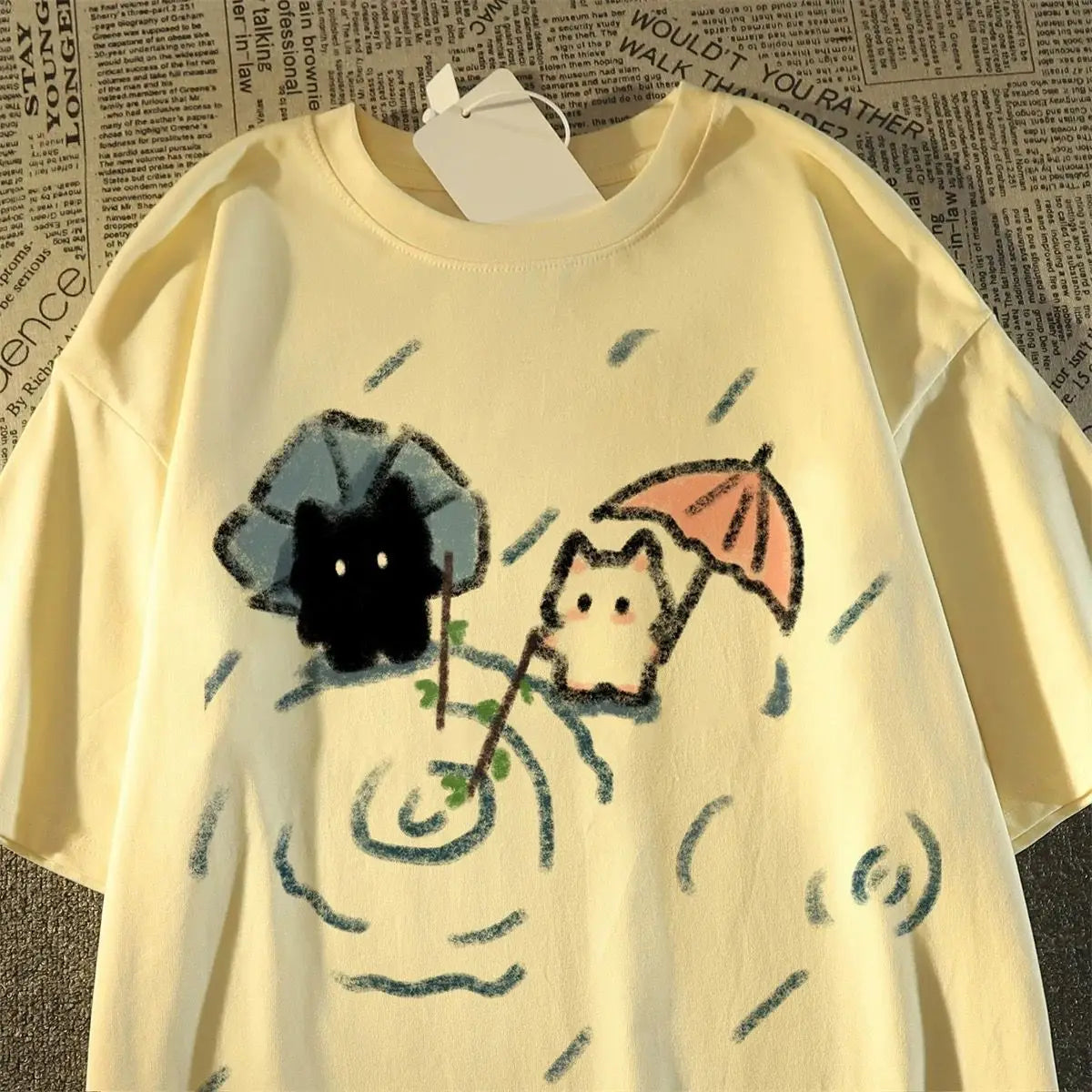 Loose Soft T-shirt with A Cute Black and White Japanese Cat Pattern A Summer Short-sleeved Top Women Clothing Graphic Tshirts