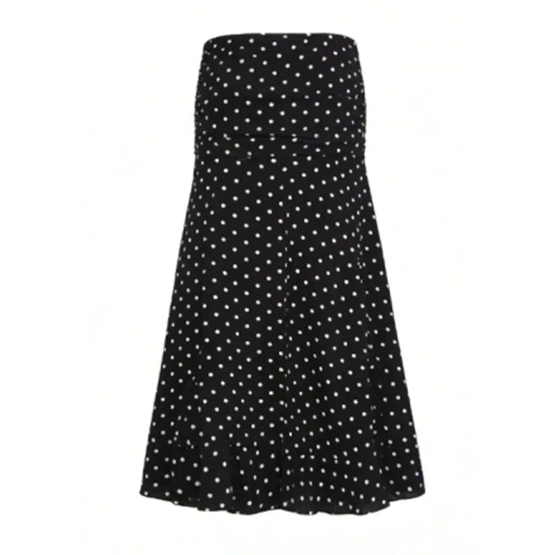 hirigin Polka Dot Floor-length Chiffon Skirt French Style Ruffled Mesh A-line Skirts Elegant Maxi Bottoms High Waist Streetwear