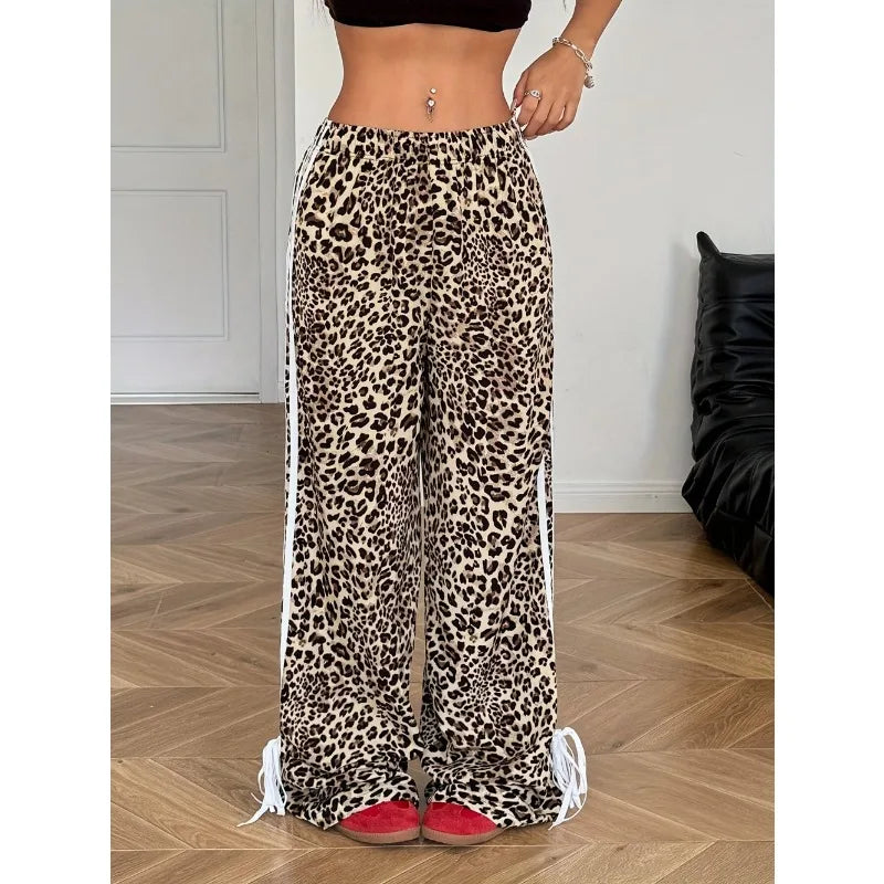 Y2k Women Wild Leopard Print Straight Pants Girl Autumn Stripe Stretch Loose Casual Trendy Night Out Streetwear Trousers Bottoms