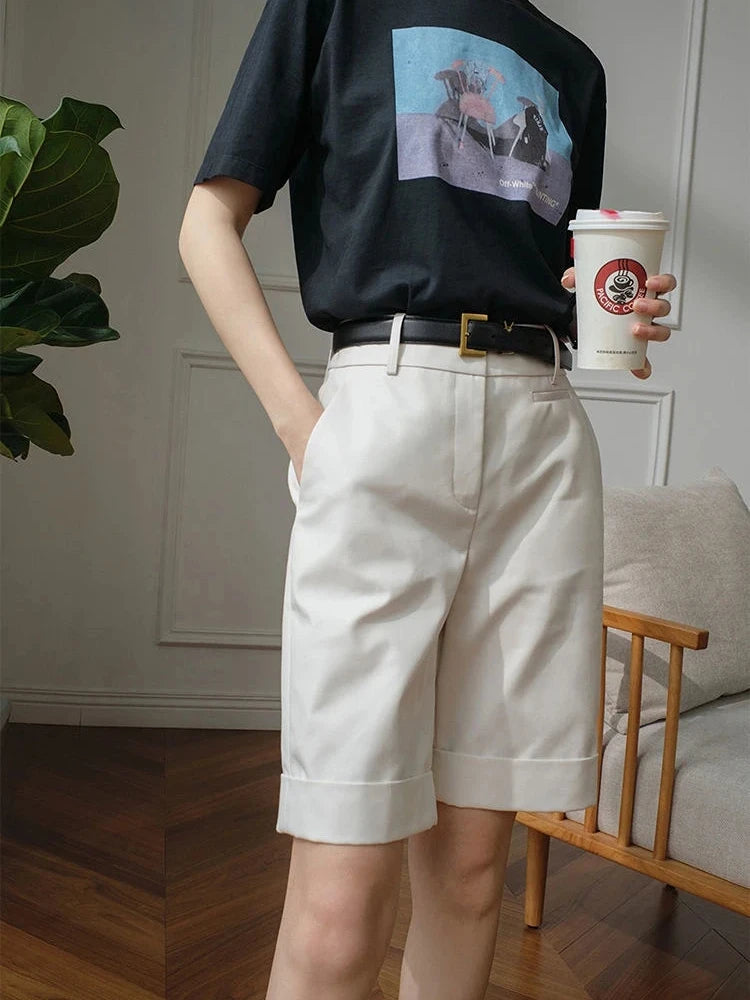 Women's High Waist Knee Length Straight Pants Korean Summer Shorts for Women Fashion White Office Shorts for Women